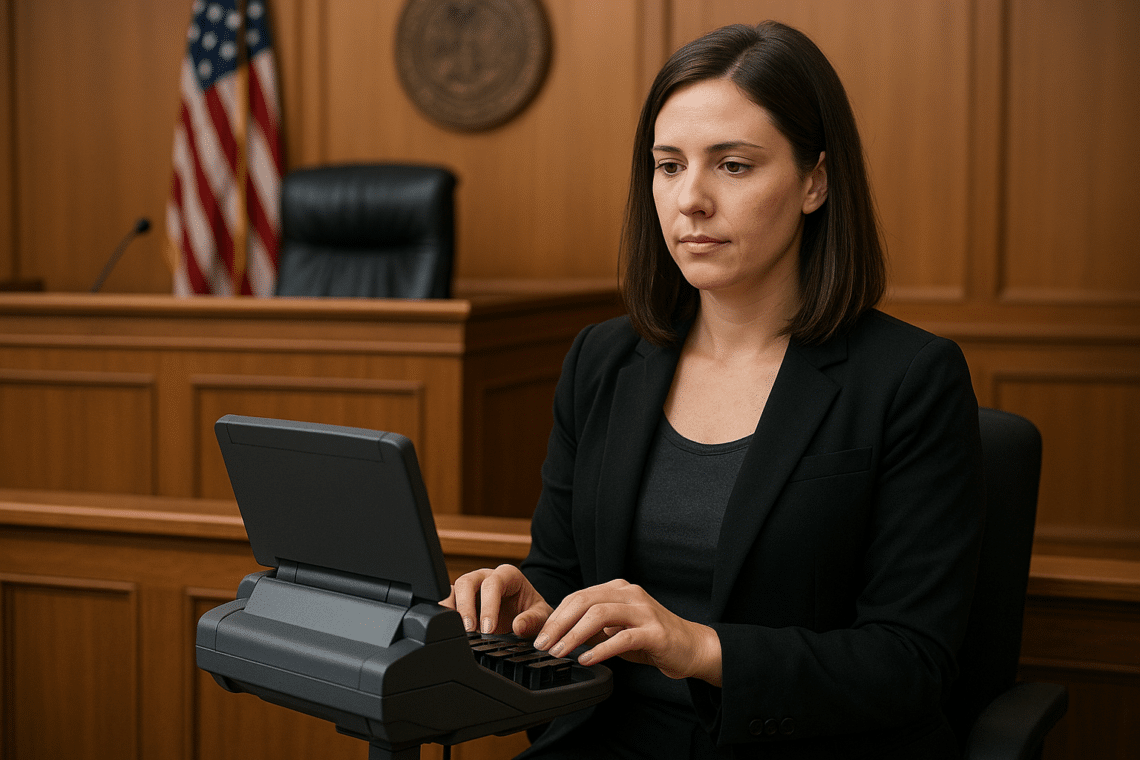 20251015 2245 court reporter at work simple compose 01k7m566m7er9vfgft391qsfvj