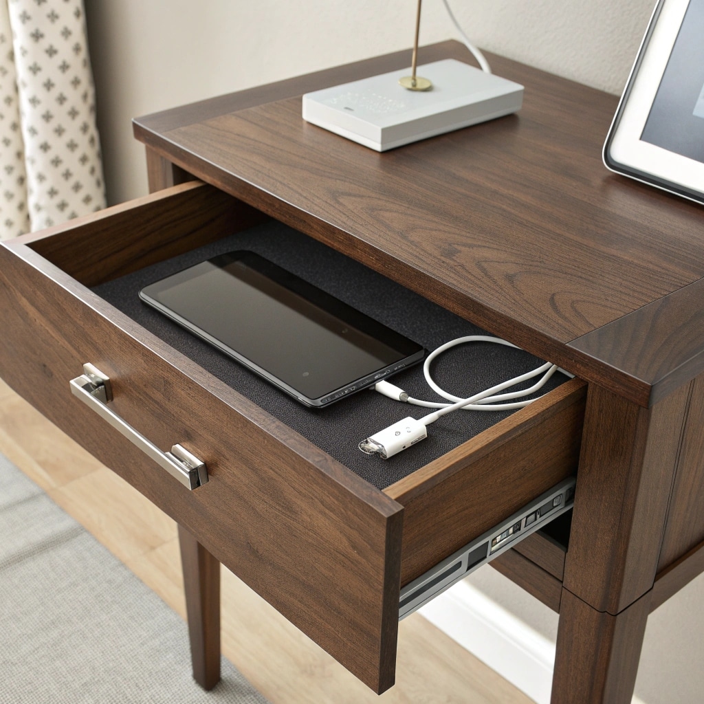 a close up shot of a closed modern wooden desk dr
