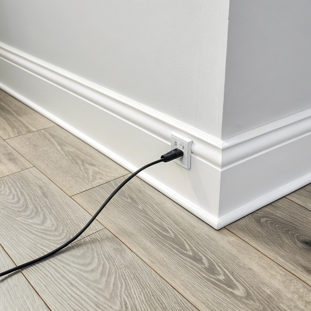 a close up shot of a white painted baseboard meeti