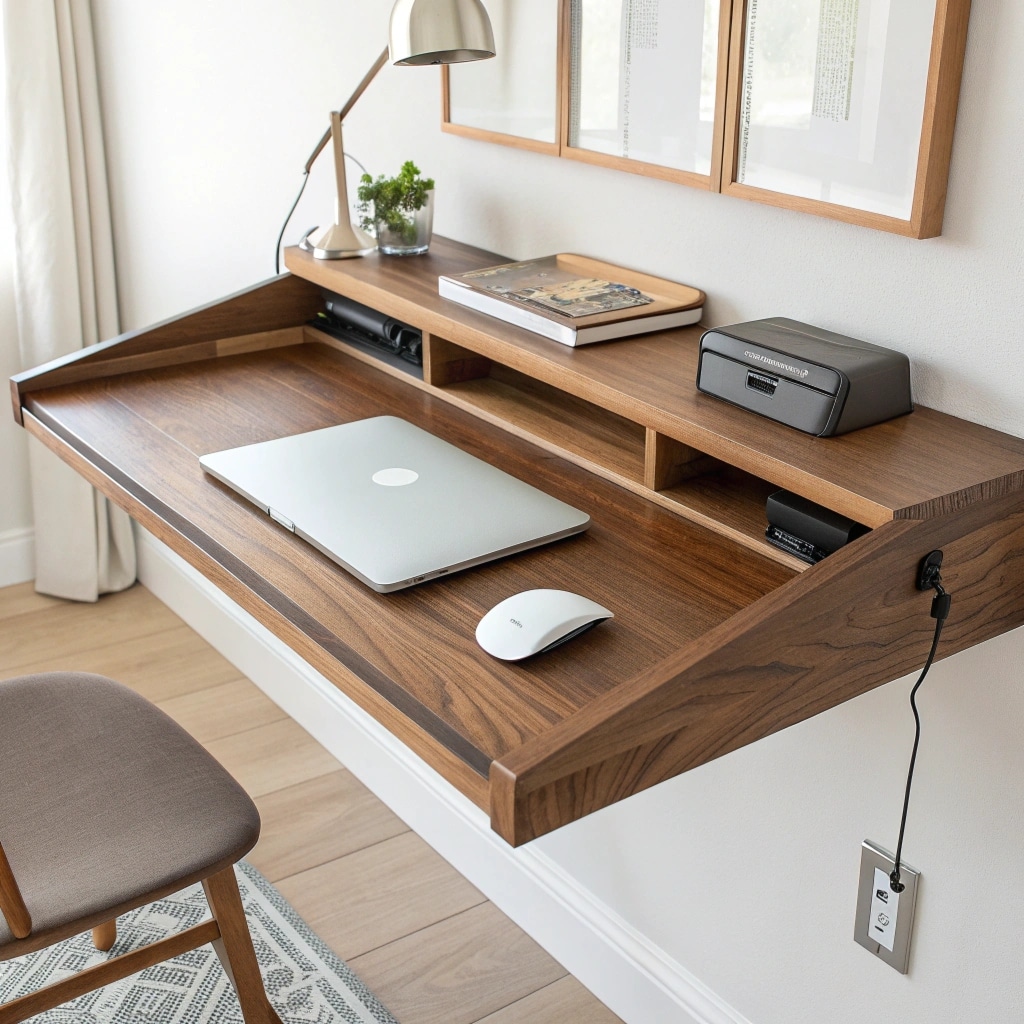 a photograph of a floating wooden desk light oak