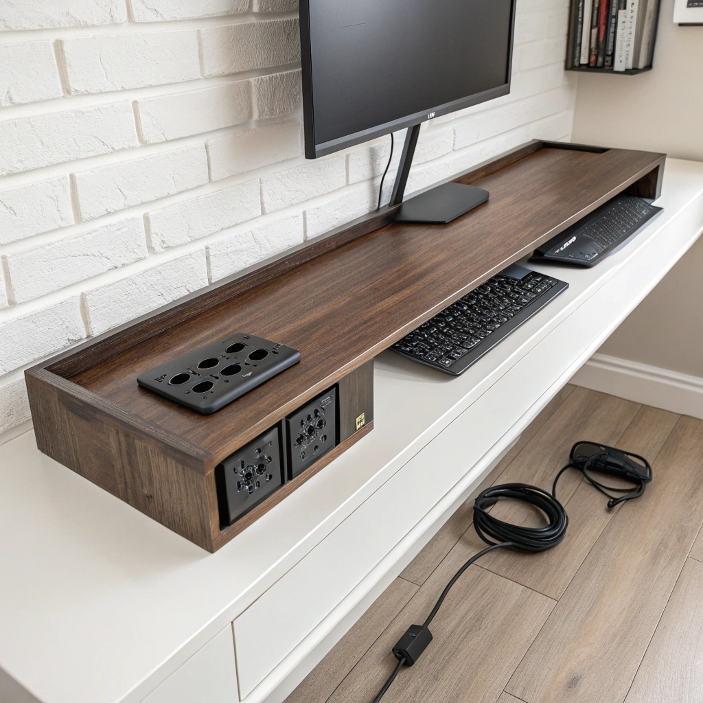 a wide shot of a modern clean white desk setup t