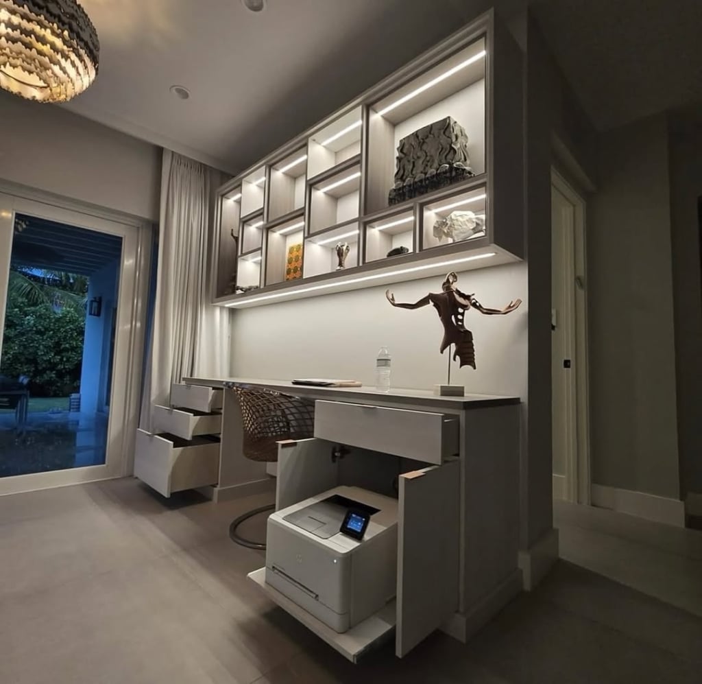 clear lines clear mind this custom home office is complete with hidden drawers mood lighting