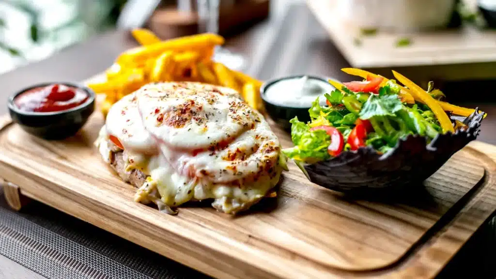 23 Mouth-Watering Lunch Ideas for Work That Beat Expensive Takeout Every Time 14 fried chicken breast cheese tomato french fries ketchup green salad side view jpg