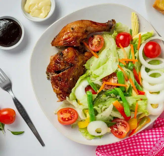 23 Mouth-Watering Lunch Ideas for Work That Beat Expensive Takeout Every Time 4 grilled chicken steak vegetables marble background