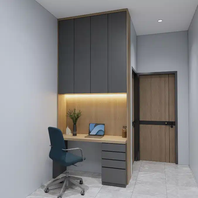 modern home office with built desk cabinet