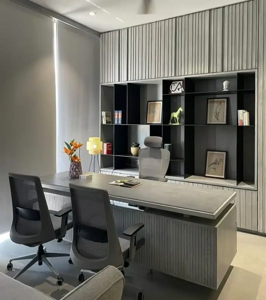 Chic & Gritty: 21 Aesthetic Industrial Home Office Designs 8 monochromatic texture and sculptural grace