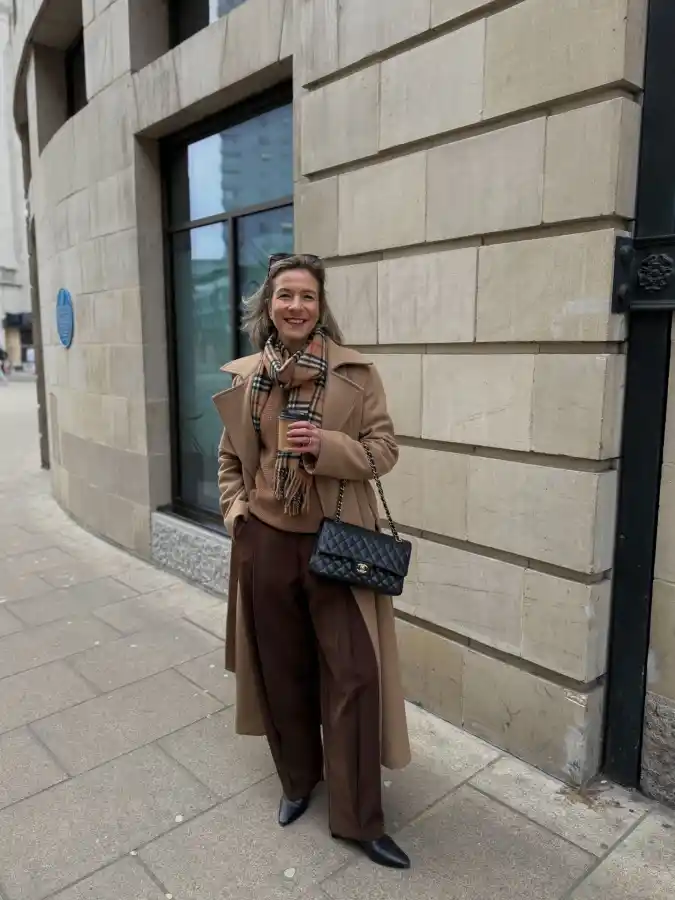 17 Chic Winter Business Casual Outfits for Women over 40 12 Camel Coat and Tonal Layers