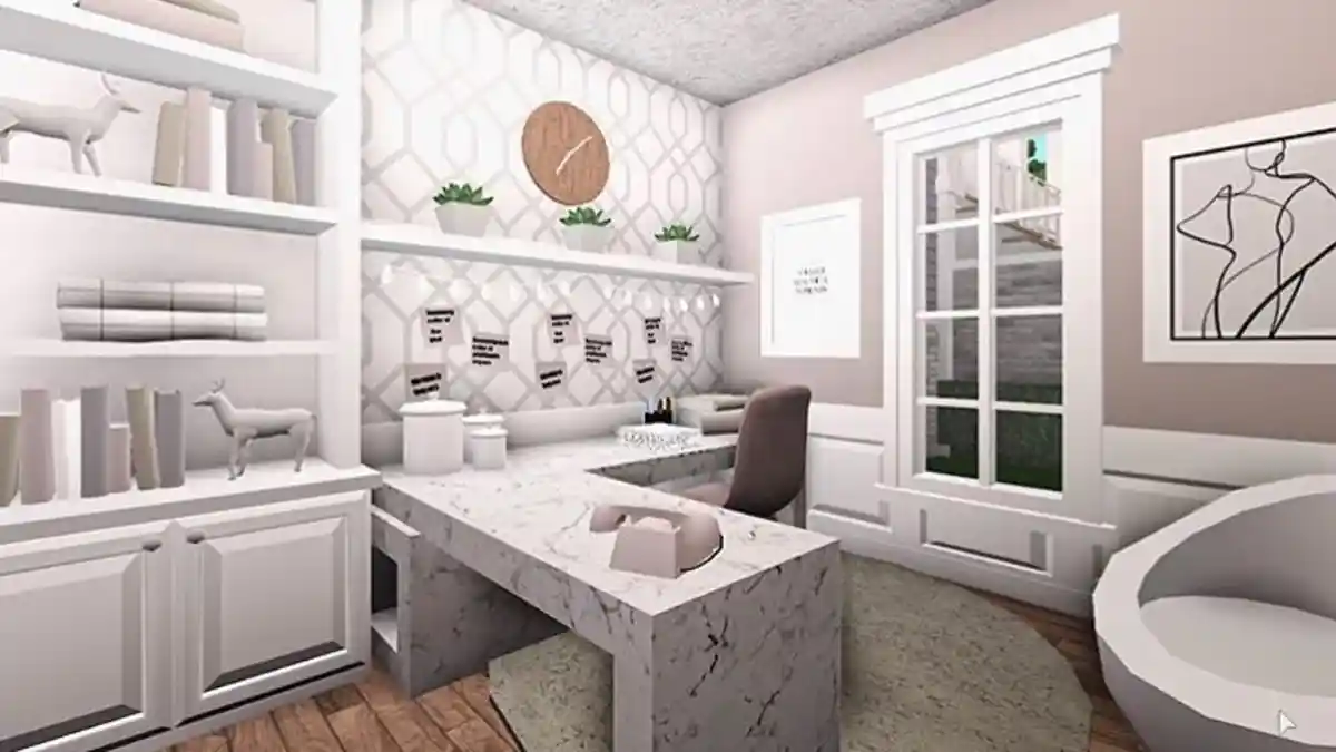 18 Cool bloxburg office ideas for Your Next Build 11 Chic Marble Corner Workspace