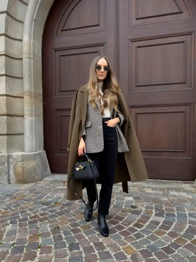 17 Chic Winter Business Casual Outfits for Women over 40 13 Classic Plaid Blazer and Wool Coat Look