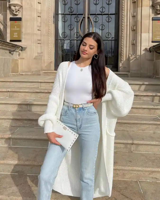 19 Chic outfits for work with jeans That Look Professional 9 Longline Cardigan and Light Denim Monkrome