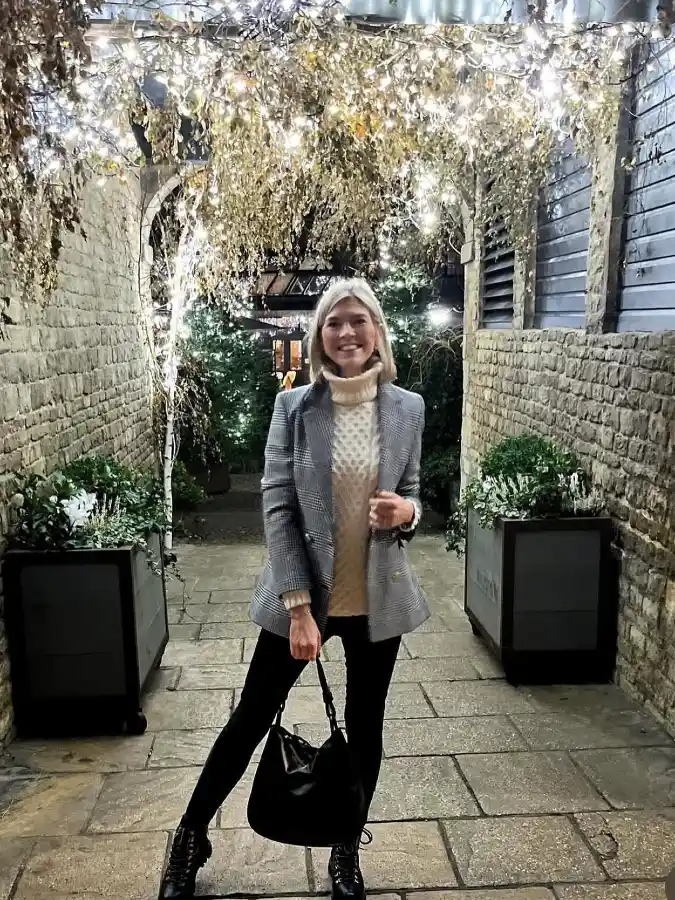 17 Chic Winter Business Casual Outfits for Women over 40 4 Plaid Blazer and Chunky Knit Combination