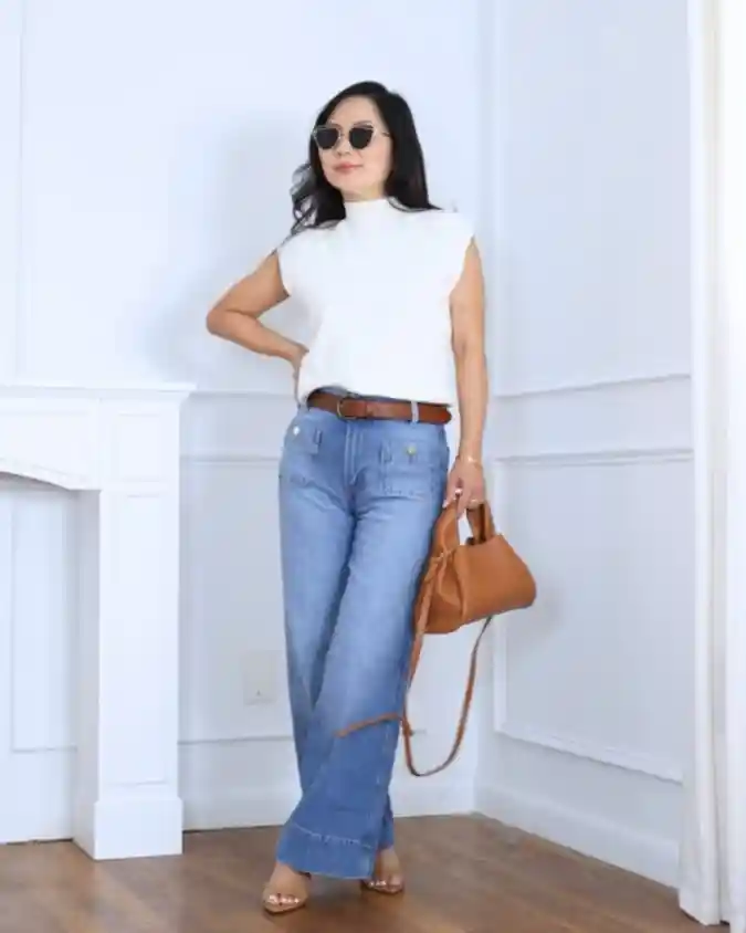 19 Chic outfits for work with jeans That Look Professional 4 Polished Wide-Leg Denim Look