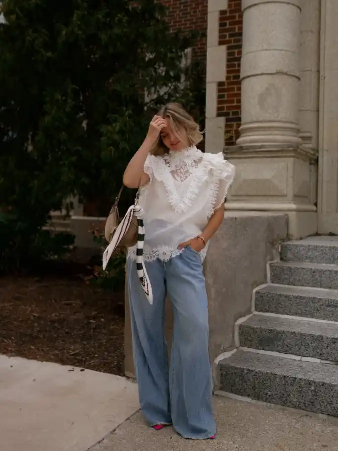 19 Chic outfits for work with jeans That Look Professional 1 Romantic Lace Blouse and Wide-Leg Denim Combination