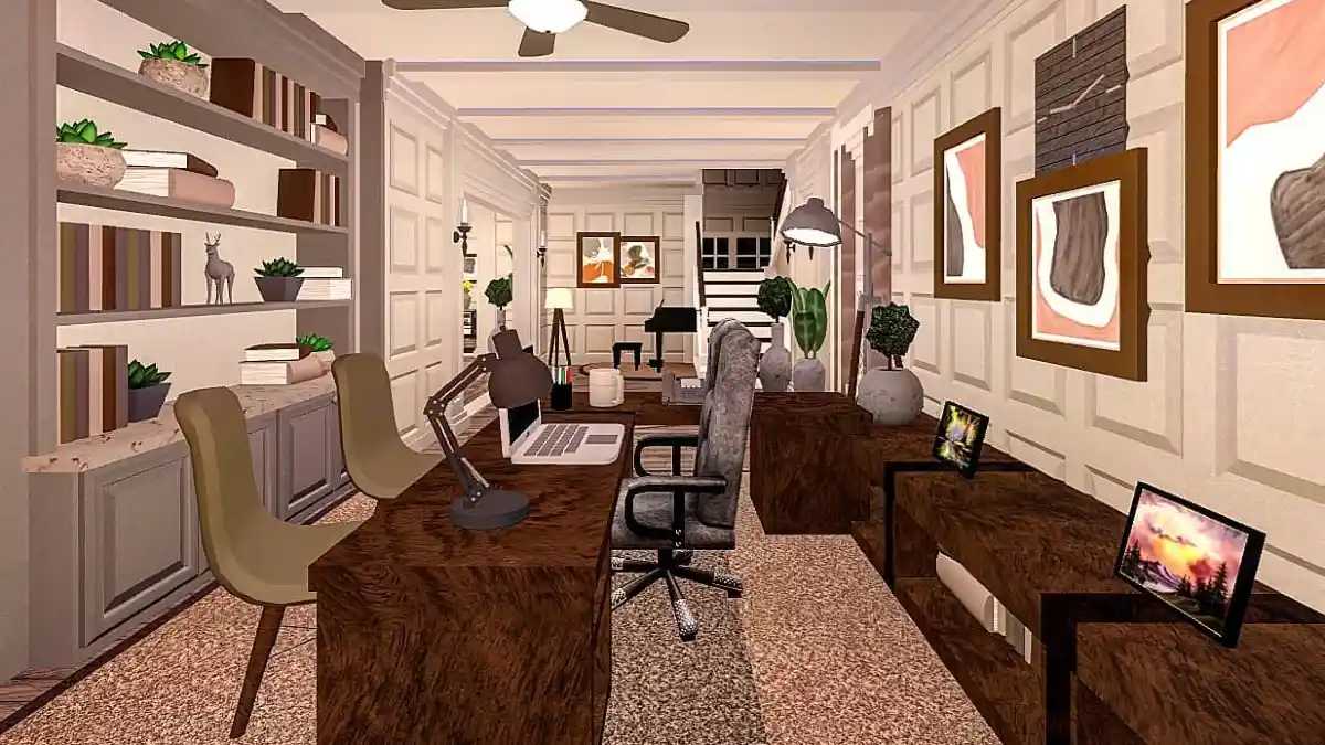 18 Cool bloxburg office ideas for Your Next Build 8 Rustic-Modern Shared Workspace