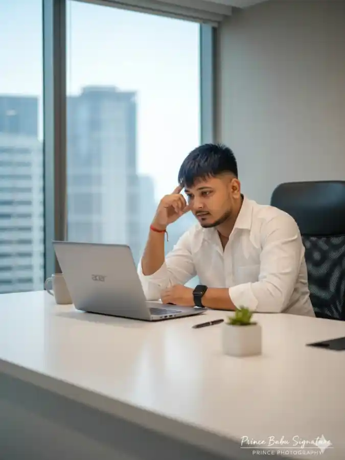 16 Creative office photoshoot ideas for Professional Personal Branding 3 Strategic Visionary Pose