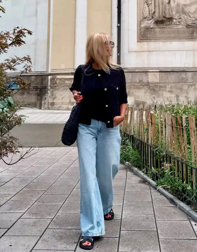 19 Chic outfits for work with jeans That Look Professional 13 Textured Jacket and Wide-Leg Denim Pairing