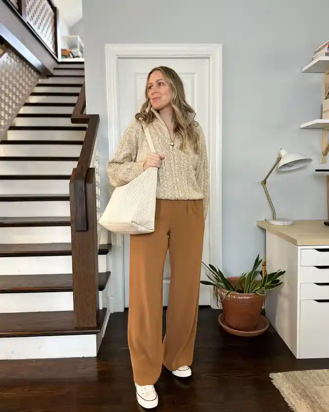 17 Chic Winter Business Casual Outfits for Women over 40 7 Textured Knit and Tailored Trouser Look