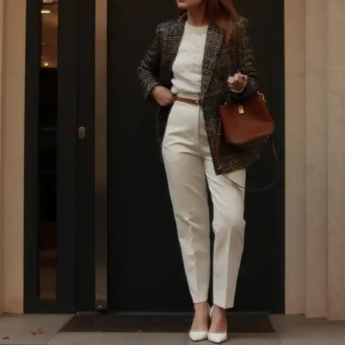 17 Chic Winter Business Casual Outfits for Women over 40 14 Tweed Blazer and White Trousers Ensemble