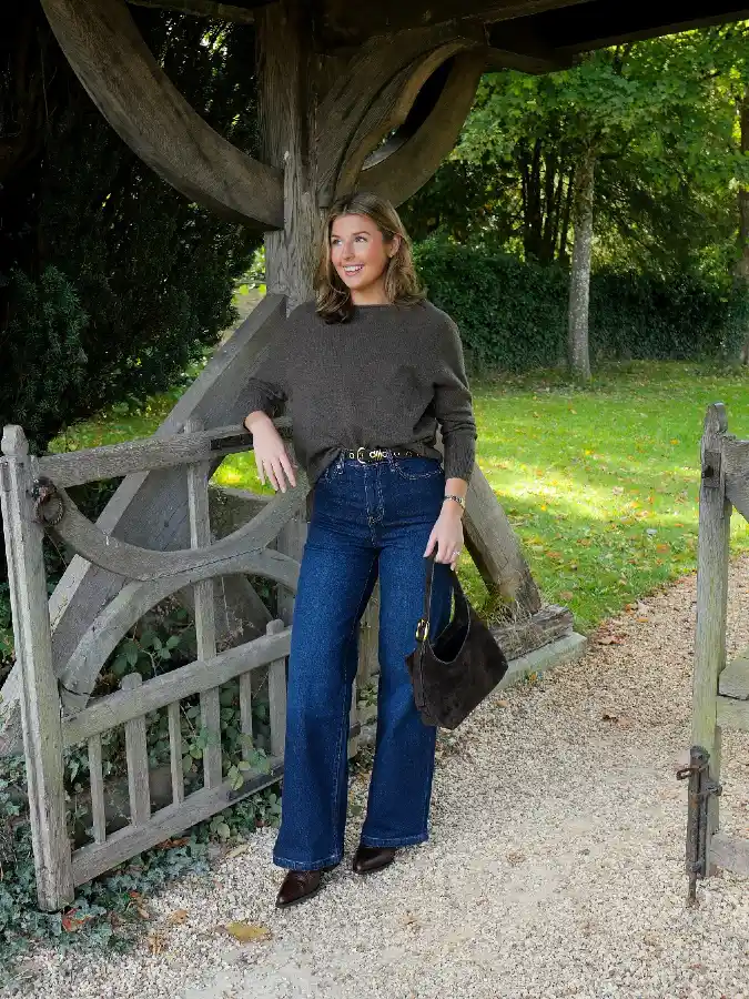 19 Chic outfits for work with jeans That Look Professional 8 Wide-Leg Trouser Jean and Tucked Sweater