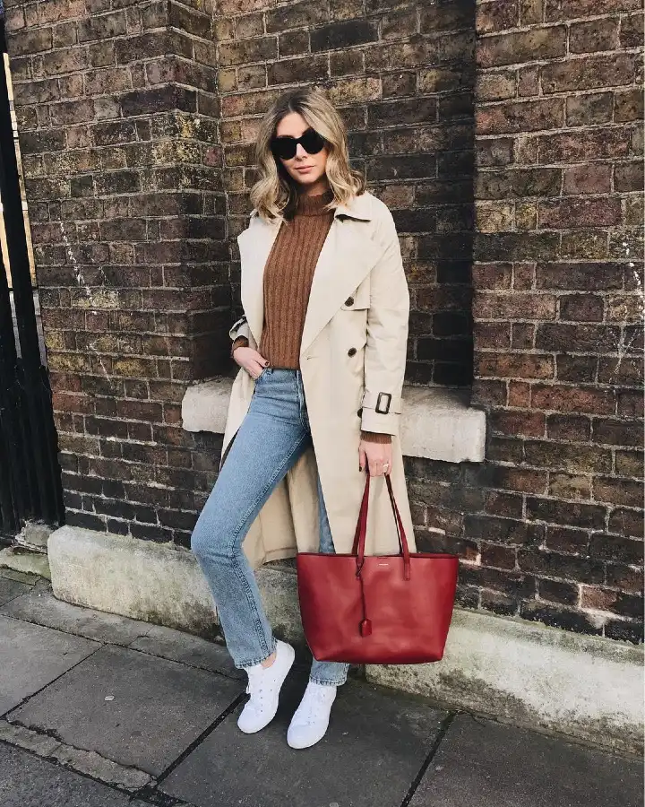 16 Chic Work Outfits With Sneakers That Still Look Professional 2 The Trench Coat and Denim