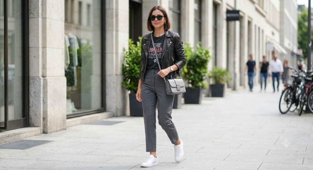 work outfit grey trousers summer