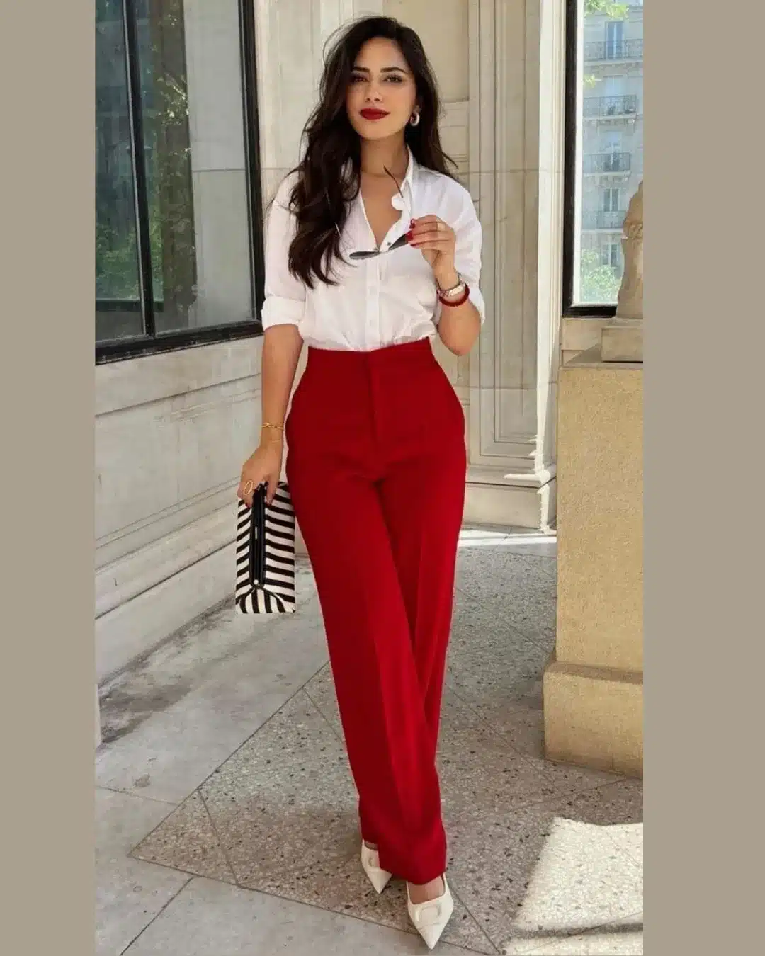 work outfit red pants