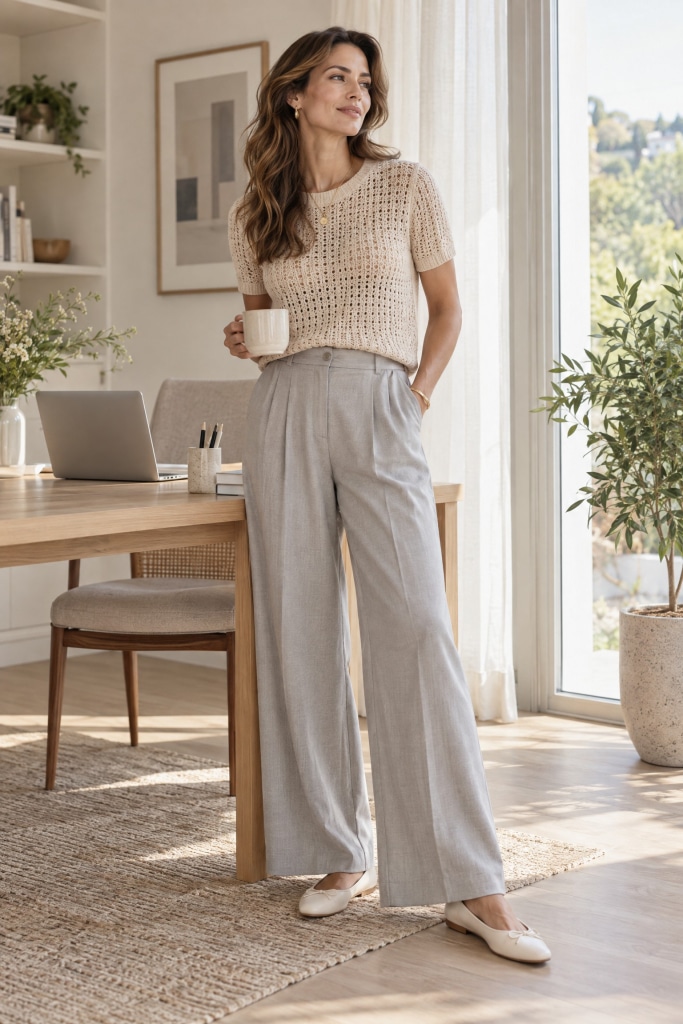work outfit grey trousers summer
