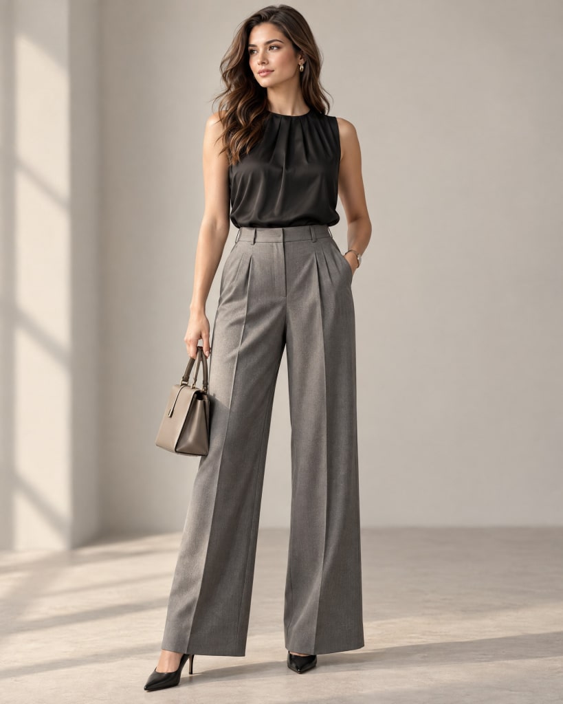 work outfit grey trousers summer