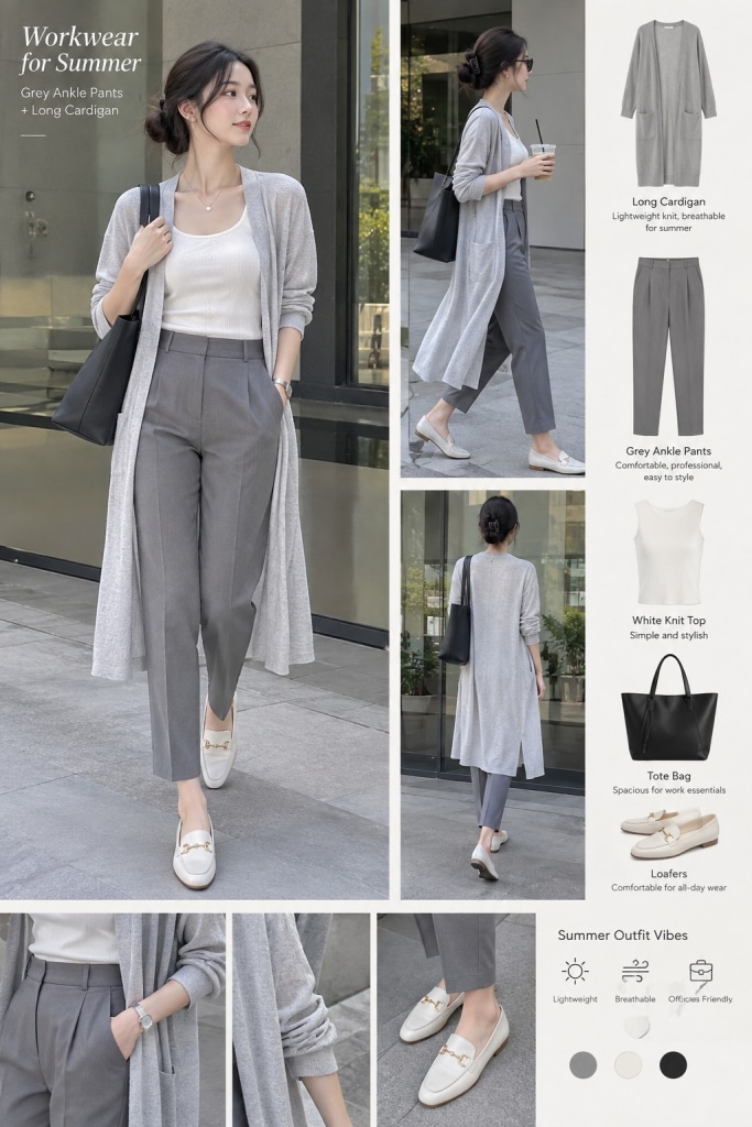 work outfit grey trousers summer