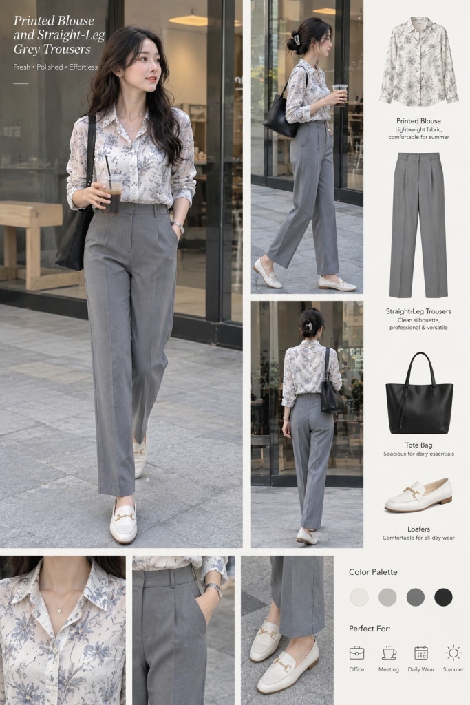 work outfit grey trousers summer