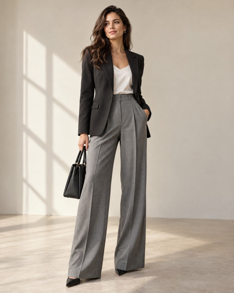 work outfit grey trousers summer
