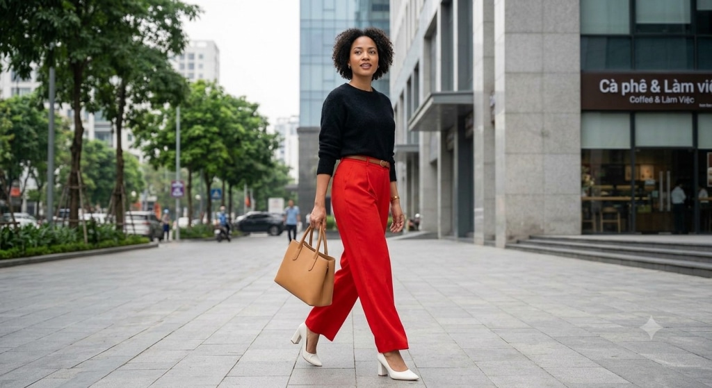 work outfit red pants