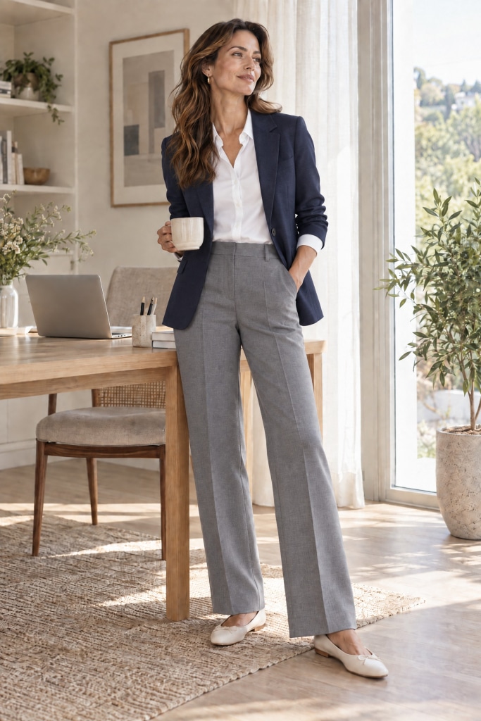 work outfit grey trousers summer