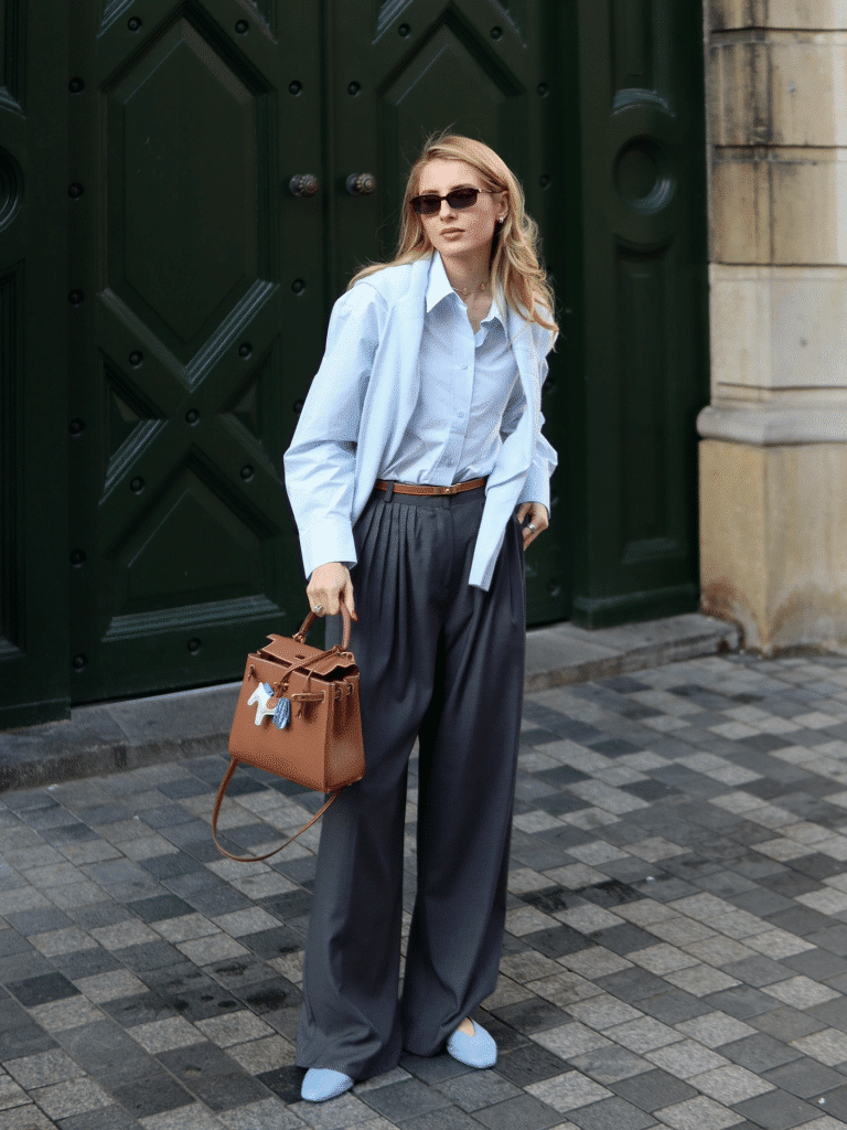 work outfit grey trousers summer