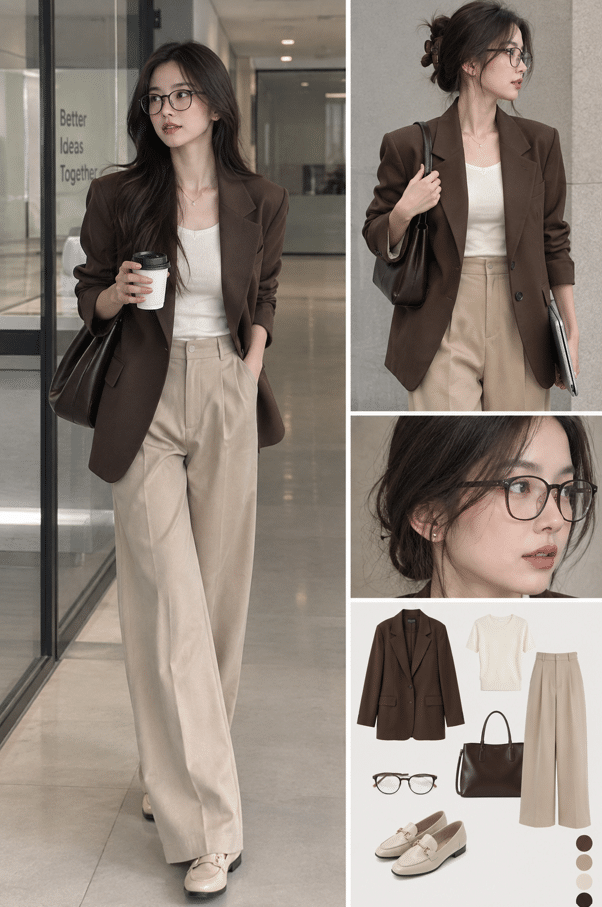 beige pants work outfit women