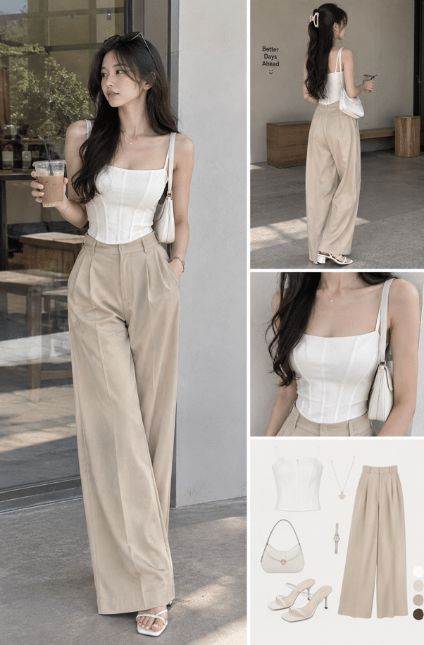 beige pants work outfit women