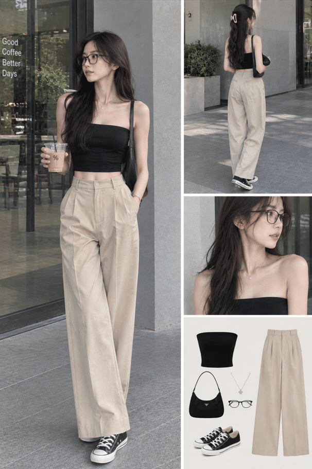 beige pants work outfit women