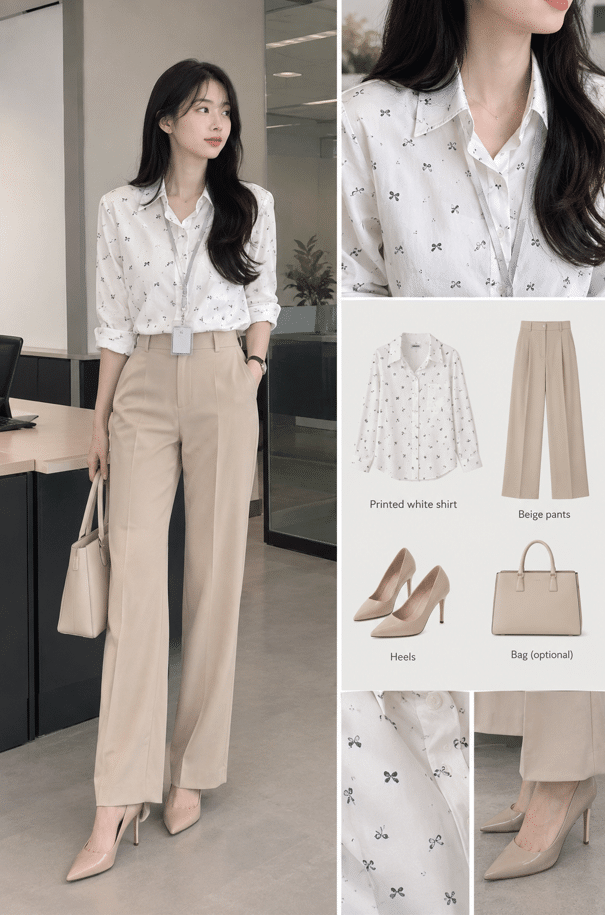 beige pants work outfit women