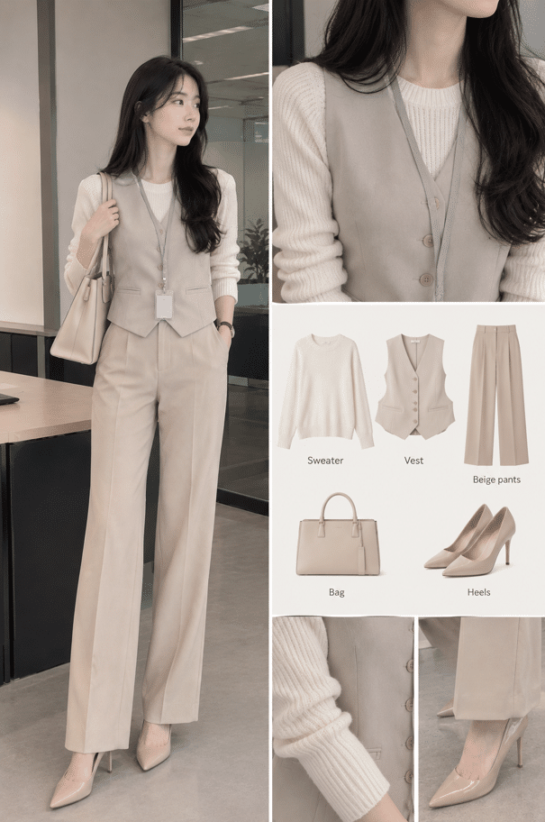 beige pants work outfit women