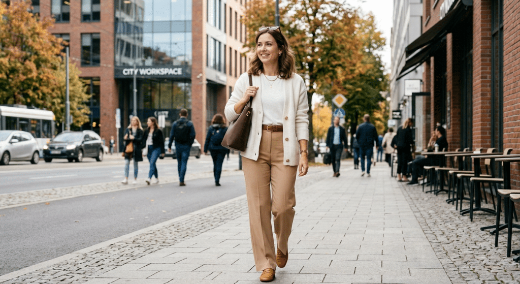 beige pants work outfit women