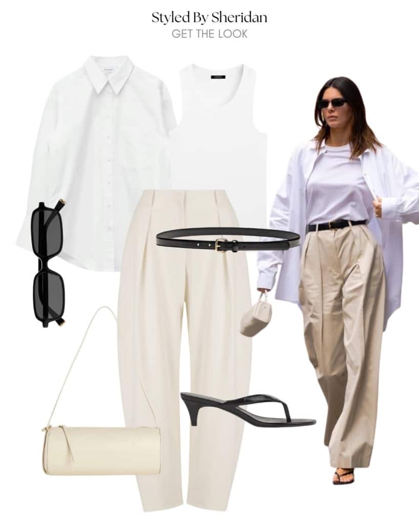 beige pants work outfit women