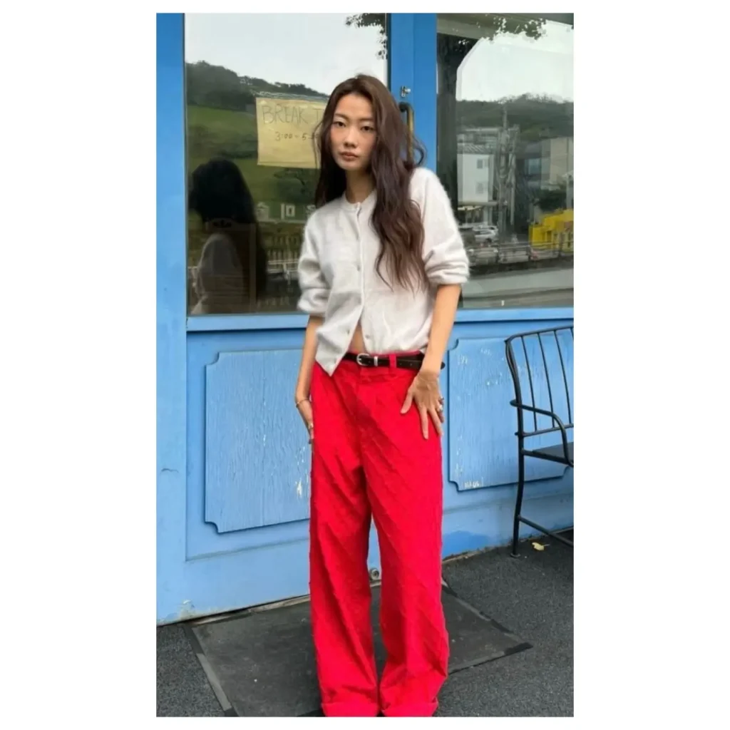 work outfit red pants
