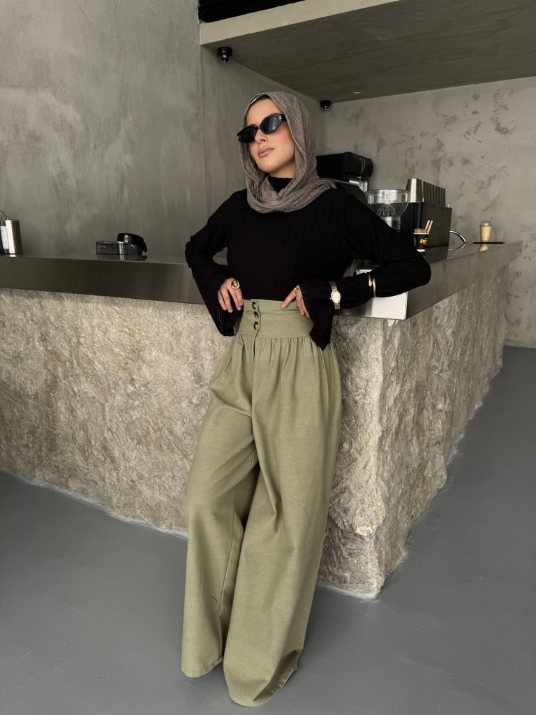 green pants outfit work formal