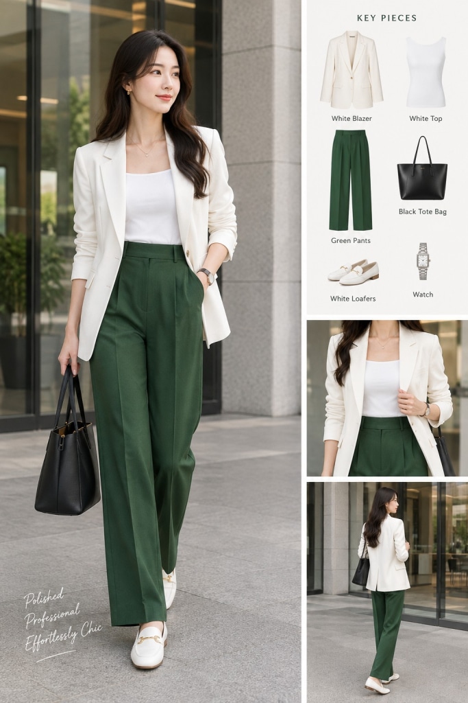 green pants outfit work formal