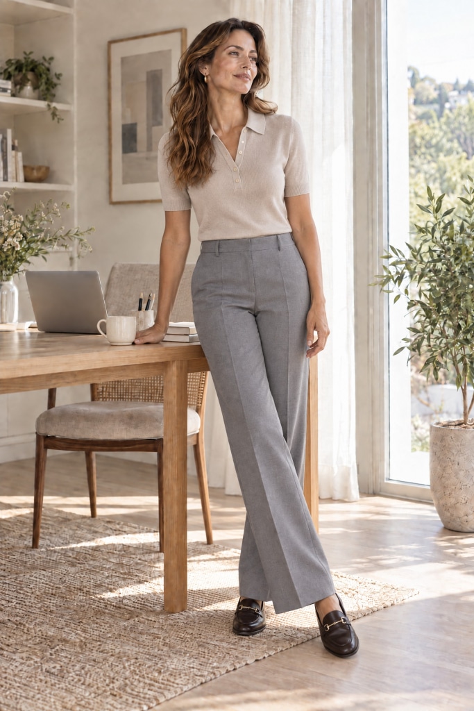 work outfit grey trousers summer